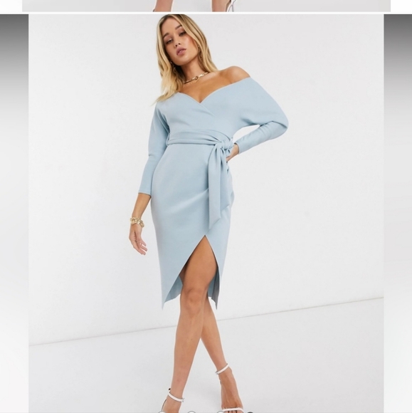 Asos DESIGN wrap tie dusty light blue midi dress - Picture 2 of 9